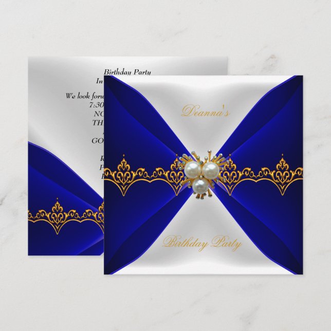 Elegant Royal Blå Födelsedag Guld Juvel Vit Silke Inbjudningar (Fram/baksida)