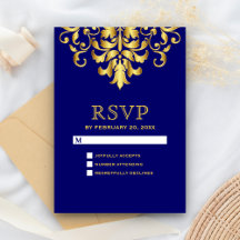 Elegant Royal Blå Guld Damask Bröllop