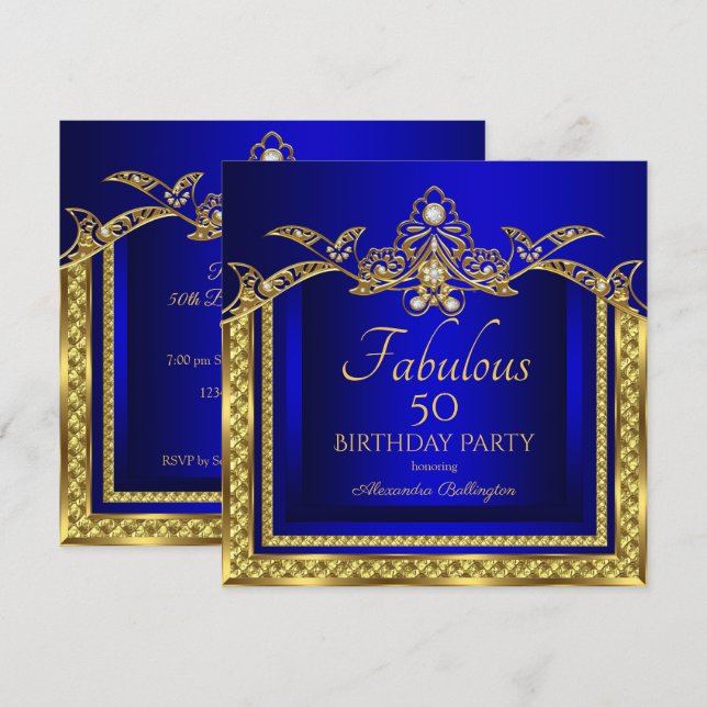 Elegant Royal Blå Guld Damask Födelsedagsfest Inbjudningar (Fram/baksida)