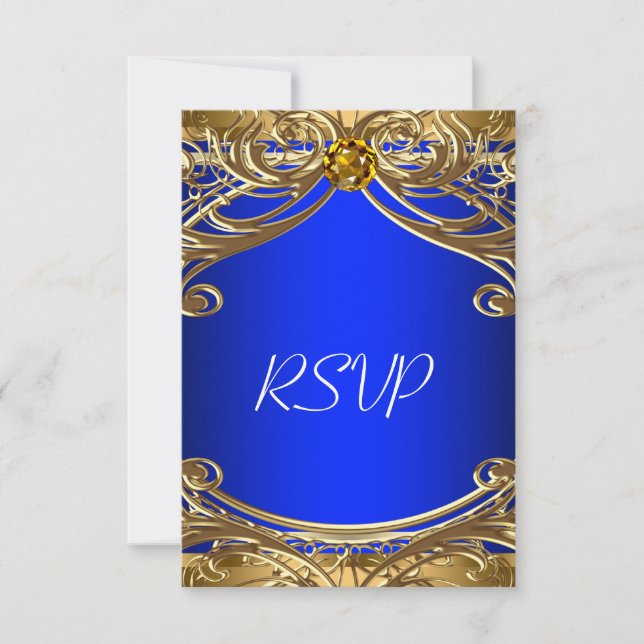 Elegant Royal Blå och Guld Bröllop RSVP OSA Kort (Framsida)