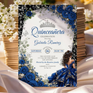 Elegant Royal Blå och Silver Rosor Quinceañera Inbjudningar