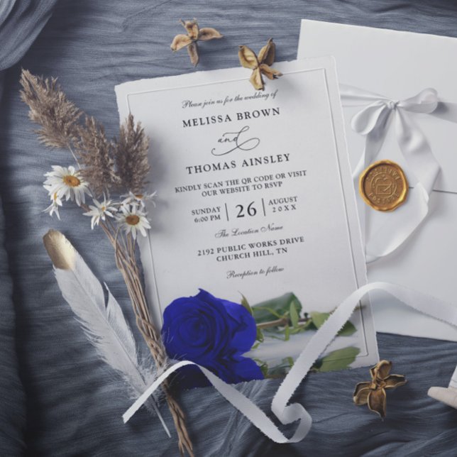 Elegant Royal Blå Ros Budget QR-kod Bröllop Inbjudningar (Skapare uppladdad)