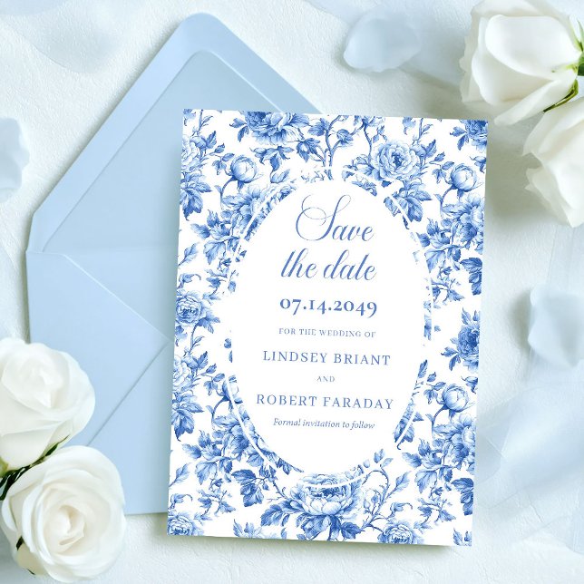 Elegant Royal Blå Toile Spara Datum Bröllopsbil Meddelande (Elegant Royal Blue Toile Save the Date Wedding Card)