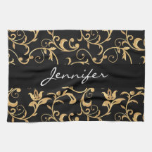Elegant Royal Black and Guld Damask Kitchen Towel
