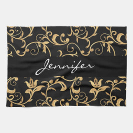 Elegant Royal Black and Guld Damask Kitchen Towel Kökshandduk