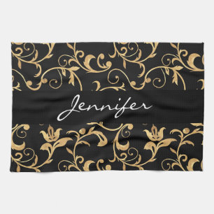 Elegant Royal Black and Guld Damask Kitchen Towel Kökshandduk