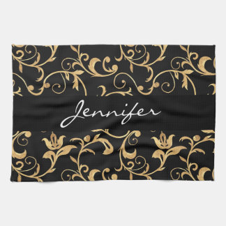 Elegant Royal Black and Guld Damask Kitchen Towel Kökshandduk