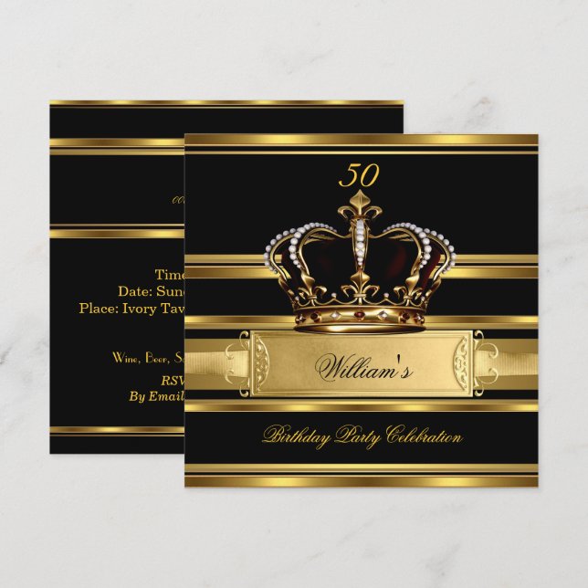 Elegant Royal Black Guld Birthday Prince Kung 2a Inbjudningar (Fram/baksida)