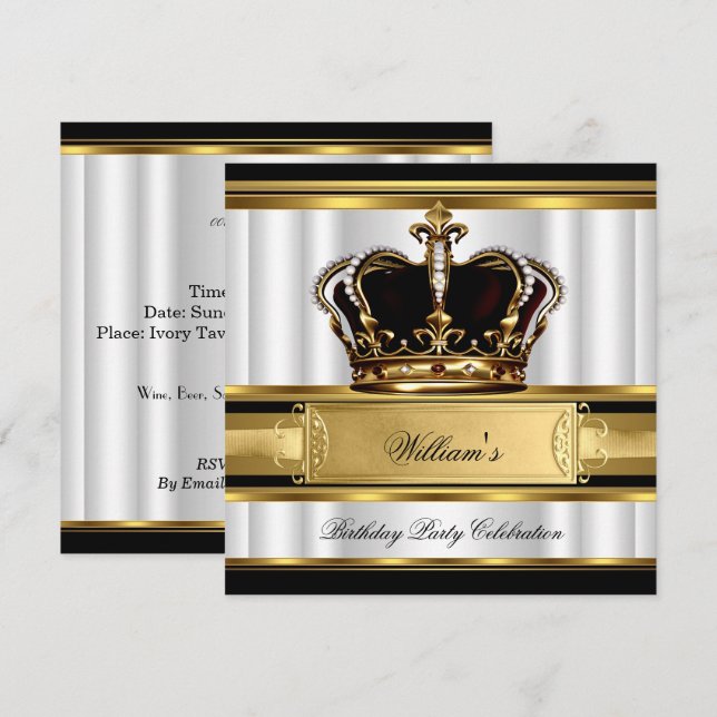 Elegant Royal Black Guld Birthday Prince Kung 2B Inbjudningar (Fram/baksida)