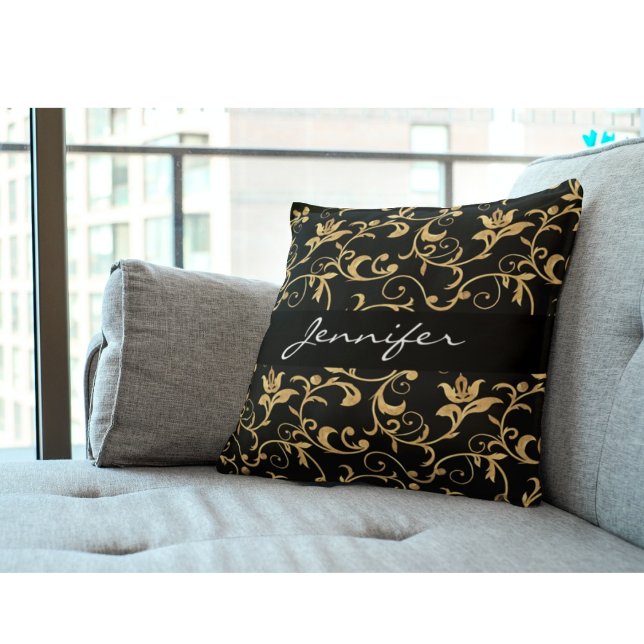 Elegant Royal Black och Guld Damask Dekorativ kudd Kudde (Skapare uppladdad)