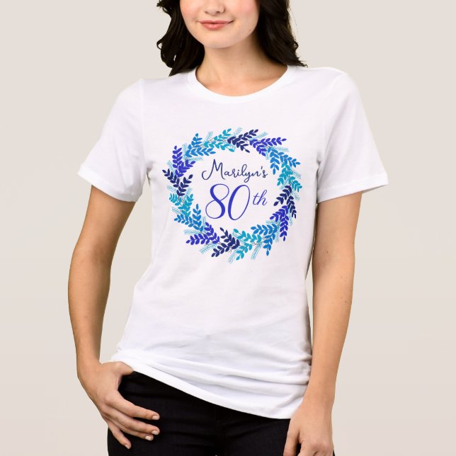 Elegant Royal Blåkrans Monogram 80 födelsedagar T Shirt (Framsida)
