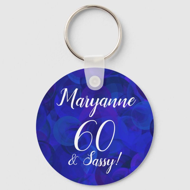 Elegant Royal Blue 60 och Sassy Birthday Namn Nyckelring (Framsida)