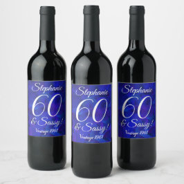 Elegant Royal Blue 60 och Sassy Birthday Vinflaska Etikett