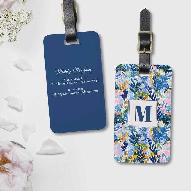 Elegant Royal Blue Abstrakt Botanical Monogrammed Bagagebricka (Monogrammed abstract floral luggage tag)