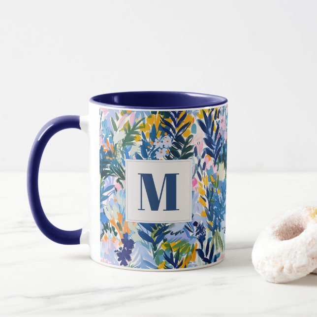 Elegant Royal Blue Abstrakt Botanical Monogrammed Mugg (Med munk)