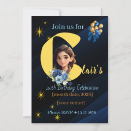 Elegant Royal Blue and Gold 20th Birthday Inbjudningar