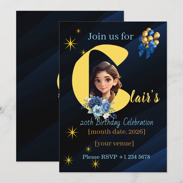 Elegant Royal Blue and Gold 20th Birthday Inbjudningar (Fram/baksida)