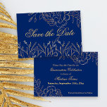 Elegant Royal Blue and Guld Fine Art Blommigt Spara Datumet<br><div class="desc">Elegant Spara datumkorten som du kan anpassa till kostym i alla händelser. Den känsliga blommigten har bra konst, kontur teckning av blommor och löv i guld mot royalets blå bakgrund. På ena sidan av kortet står "Spara datumet" i vacker manustypografi. På den andra sidan av kortet finns alla detaljer om...</div>
