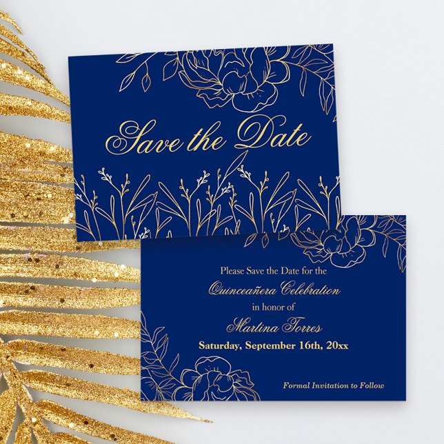 Elegant Royal Blue and Guld Fine Art Blommigt Spara Datumet (Blue and Gold Quinceanera Save the Date, from my Gold Sketched Floral collection
)