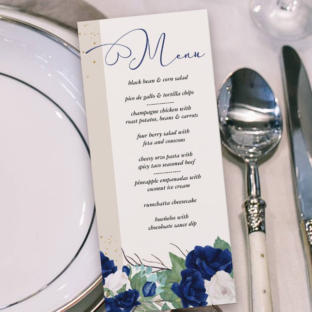 Elegant Royal Blue and Ivory Ro Blommigt Meny (Menu with royal blue and ivory roses and elegant calligraphy)