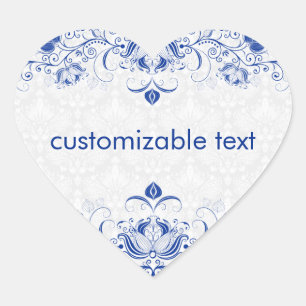 Elegant Royal Blue and White Damasker & Swirls 2 Hjärtformat Klistermärke