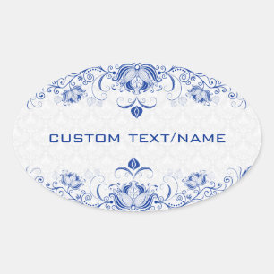 Elegant Royal Blue and White Damasker & Swirls Ovalt Klistermärke