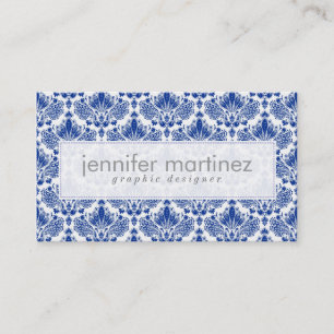 Elegant Royal Blue and White Damasker & Swirls Visitkort