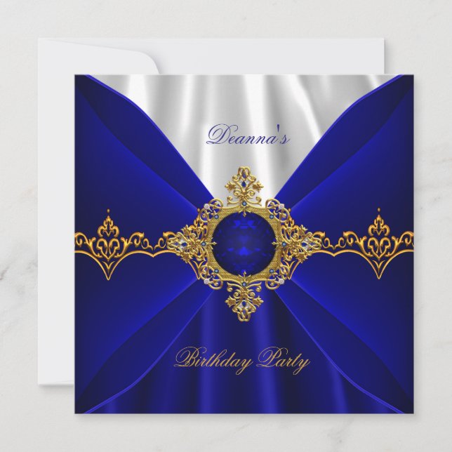 Elegant Royal Blue Birthday Guld judel White Silke Inbjudningar (Framsida)