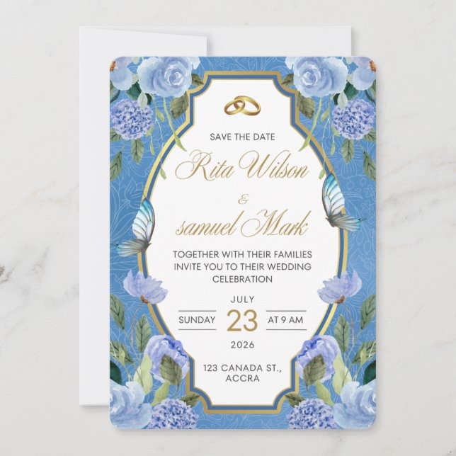 Elegant Royal Blue Blommig och Guld  Inbjudningar (Framsida)