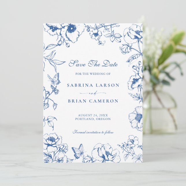Elegant Royal Blue Blommig Trädgård Spara Datum Inbjudningar (Stående Fram)
