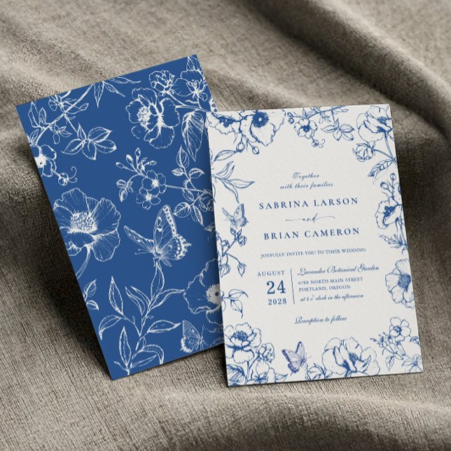 Elegant Royal Blue Blommig Trädgårdsbröllop Inbjudningar (Skapare uppladdad)