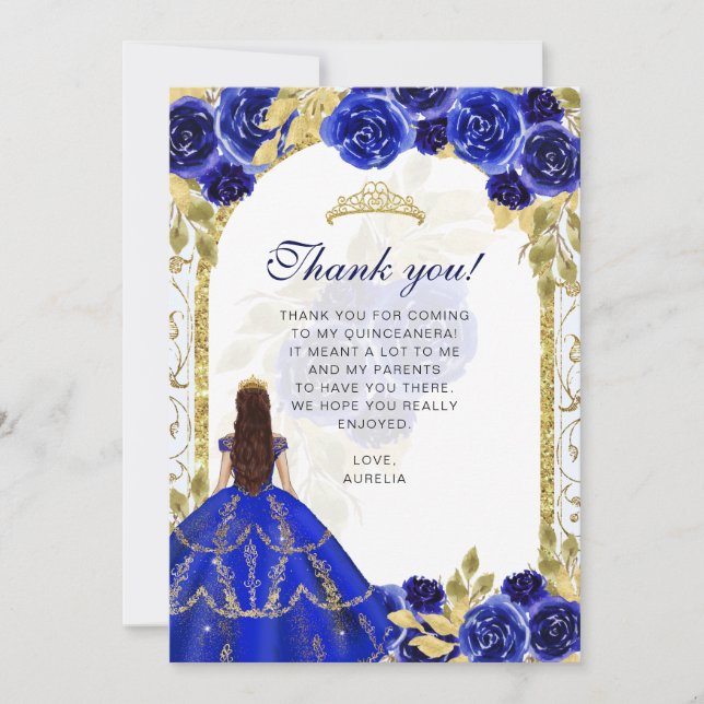 Elegant Royal Blue Blommigt Photo Quinceañera Tack Kort (Framsida)