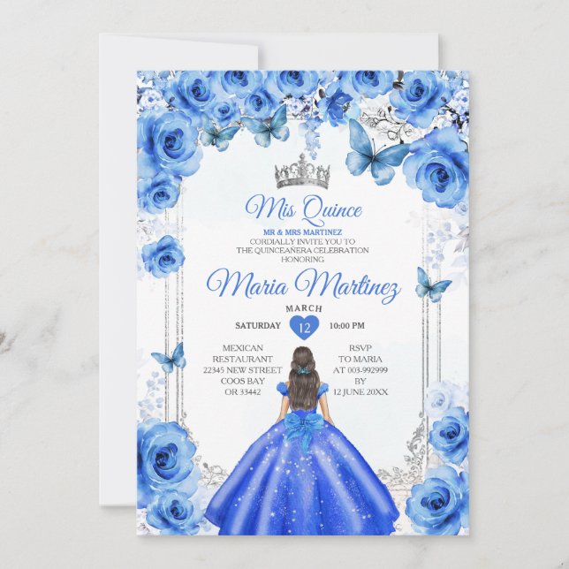 Elegant Royal Blue Blommigt Princess Mis Quince Inbjudningar (Framsida)
