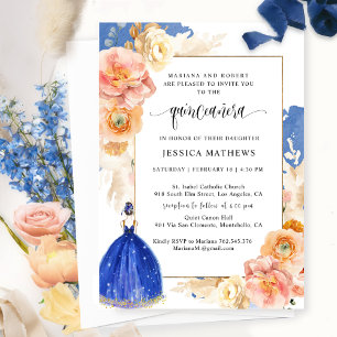 Elegant Royal Blue Blommigt Princess Quinceañera Inbjudningar