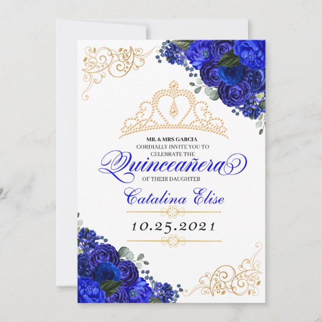 Elegant Royal Blue Blommigt Quinceanera Birthday Inbjudningar (Framsida)