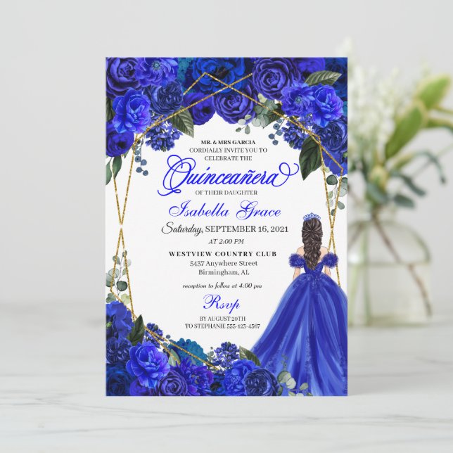 Elegant Royal Blue Blommigt Quinceanera Birthday  Inbjudningar (Stående Fram)