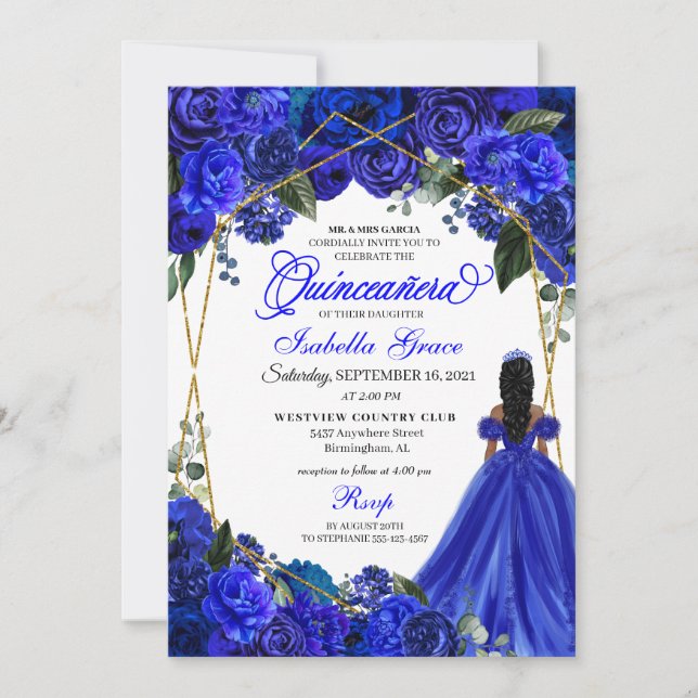 Elegant Royal Blue Blommigt Quinceanera Birthday Inbjudningar (Framsida)