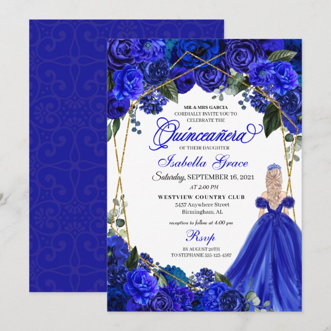 Elegant Royal Blue Blommigt Quinceanera Birthday Inbjudningar (Fram/baksida)