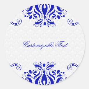 Elegant Royal Blue Blommigt Snöre 2 & White Damask Runt Klistermärke