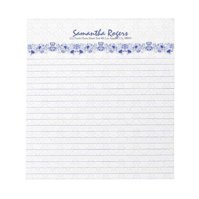 Elegant Royal Blue Blommigt Snöre och vita skador  Anteckningsblock (Framsida)