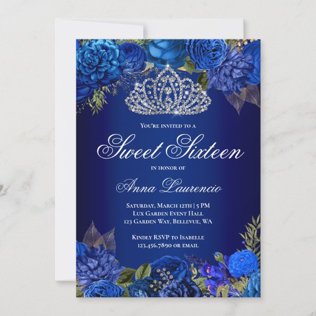 Elegant Royal Blue Blommigt Sweet sixteen Birthday Inbjudningar (Framsida)