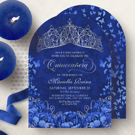 Elegant Royal Blue Butterflies Krona Quinceanera Inbjudningar