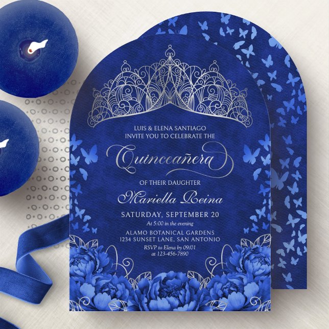 Elegant Royal Blue Butterflies Krona Quinceanera Inbjudningar (Skapare uppladdad)