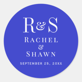 Elegant Royal Blue Chic Modern Monogram Bröllop Runt Klistermärke