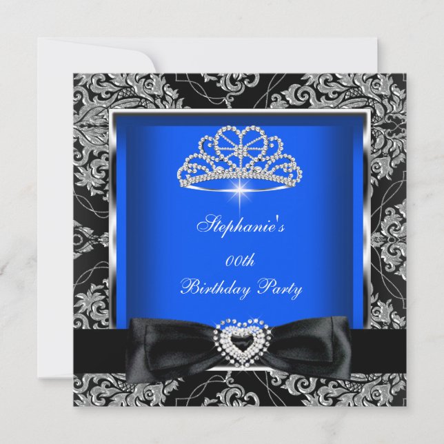 Elegant Royal Blue Damask Silver Black Party Inbjudningar (Framsida)