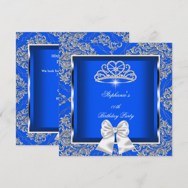 Elegant Royal Blue Damask Silver Födelsedagsfest Inbjudningar (Fram/baksida)