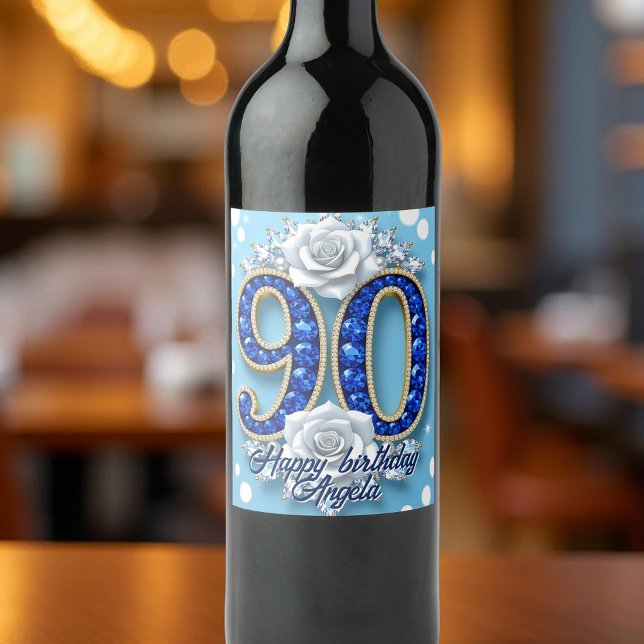 Elegant Royal Blue Diamond 90:e Birthday Vinflaska Etikett (Skapare uppladdad)