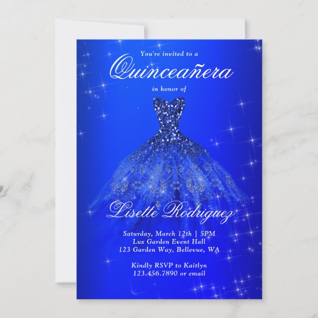 Elegant Royal Blue Dress Quinceanera Inbjudningar (Framsida)