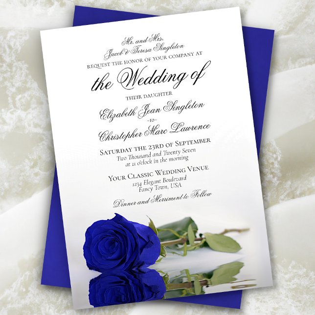Elegant Royal Blue eller Cobalt Ro Forme Bröllop Inbjudningar (In Situ Front and Back)