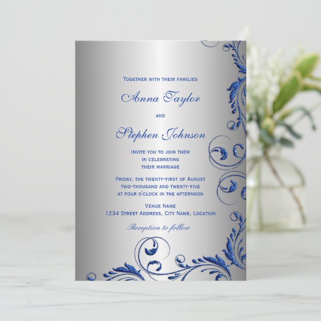 Elegant Royal Blue Faux Glitter Blommigt Swirls Inbjudningar (Stående Fram)